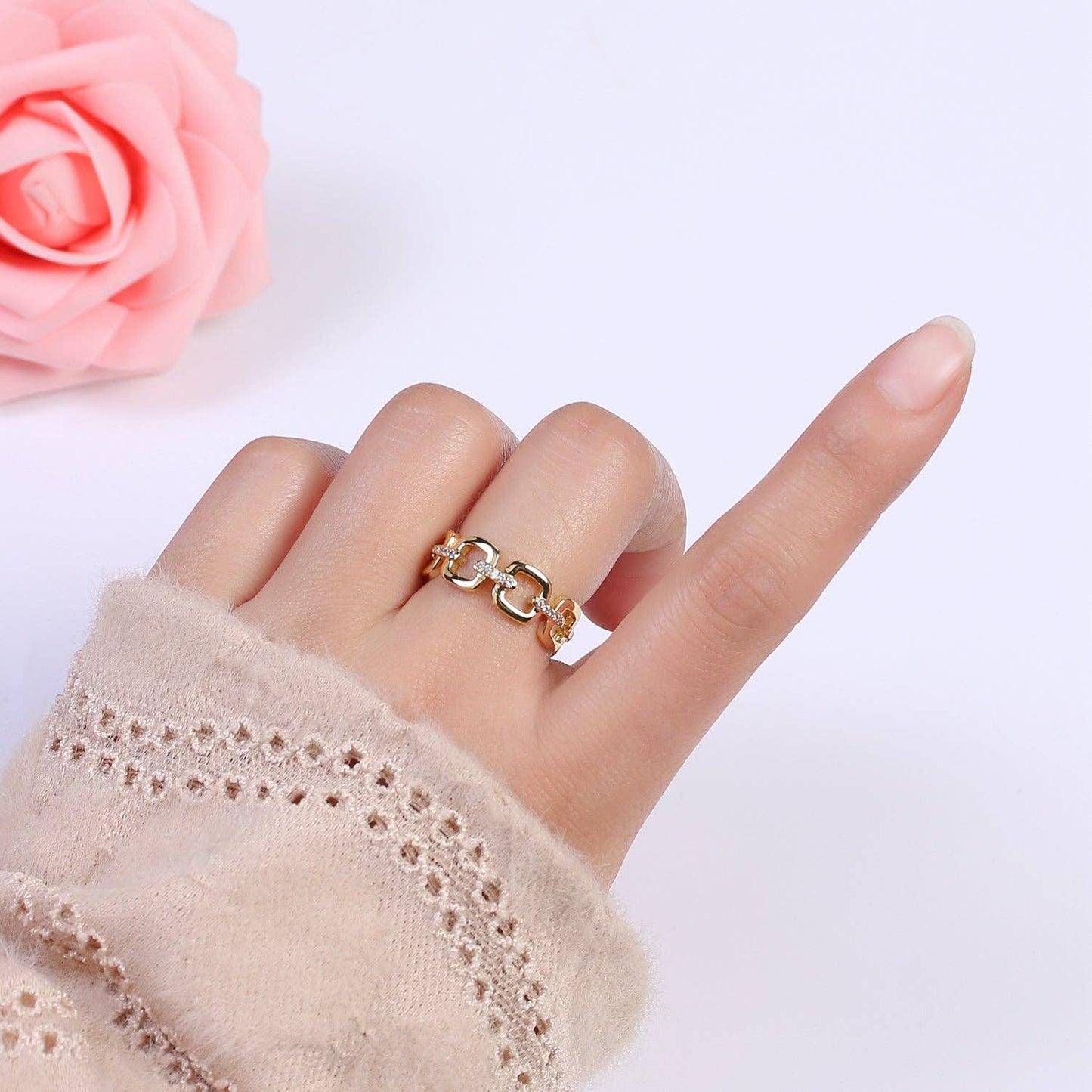Aim Eternal - 24K Gold Filled Cable Paperclip Chain Link Ring, Dainty Micro Pave Cubic Zirconia CZ Ring S-347