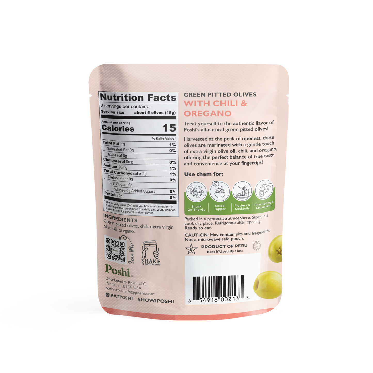 POSHI - Poshi Snack - Chili & Oregano Pitted Green Olives 1.1oz/10ct