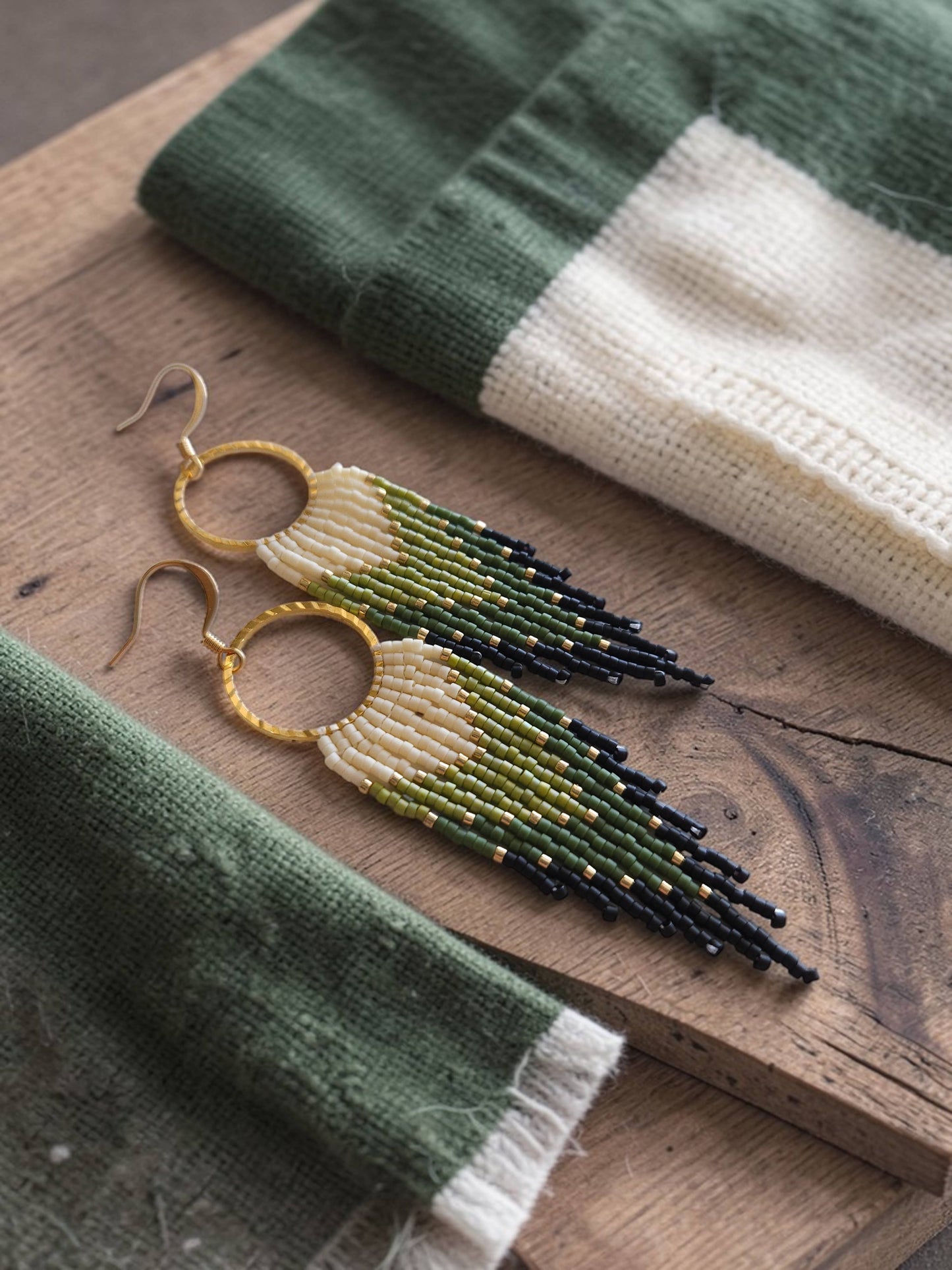 Mountain Sun Creations - Gemma - Handwoven Green Fringe Hoop Earrings