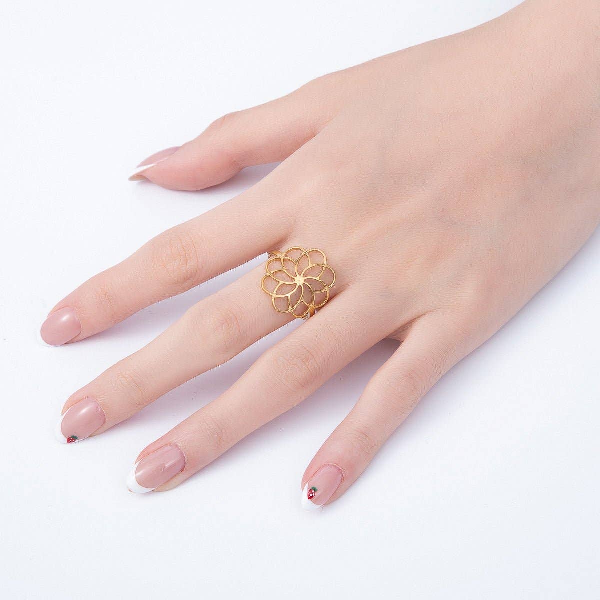 Aim Eternal - PVD Gold Stainless Steel Open Minimalist Flower Statement Ring | Rings-00323