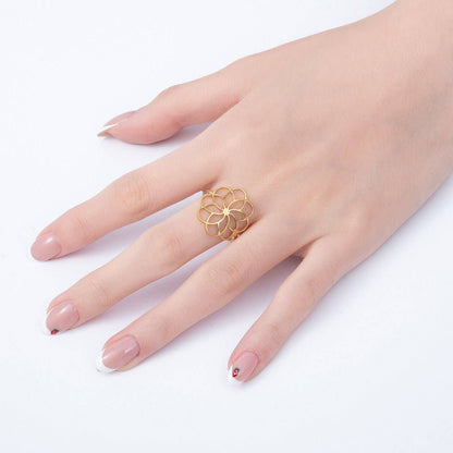 Aim Eternal - PVD Gold Stainless Steel Open Minimalist Flower Statement Ring | Rings-00323