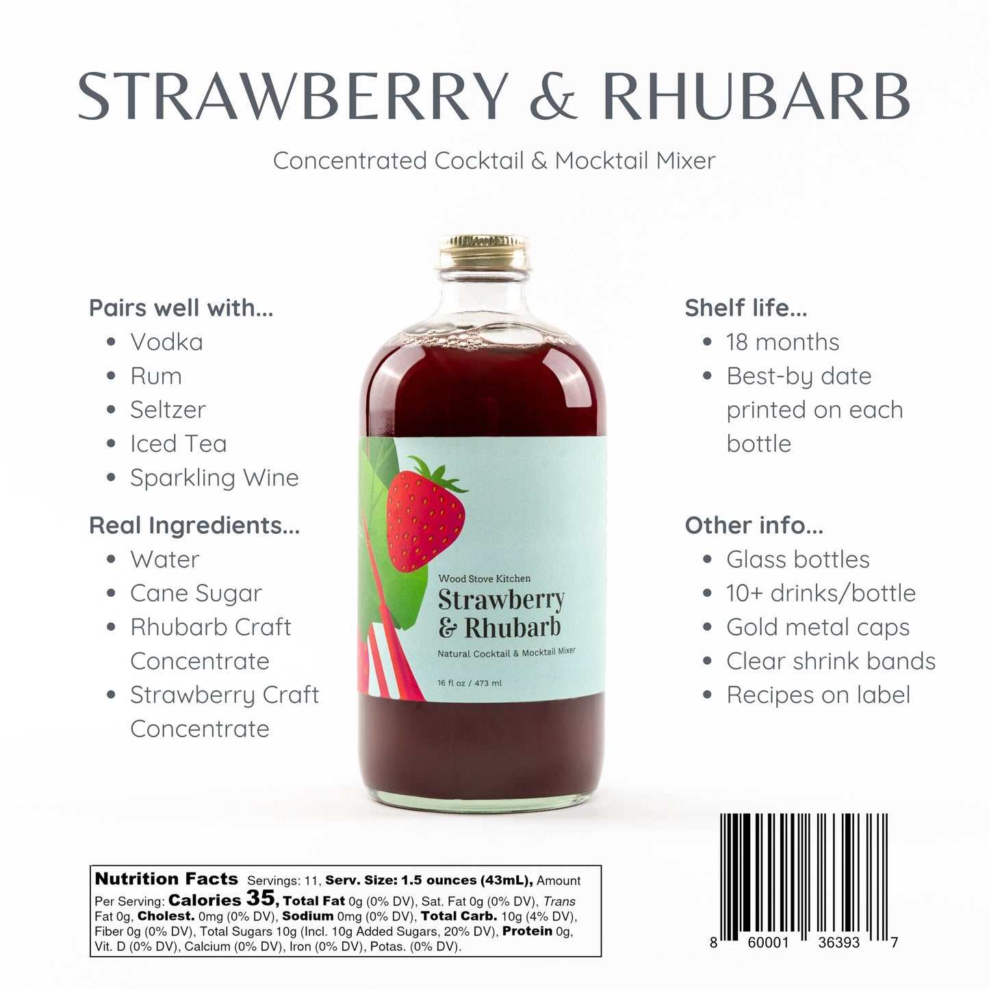 Wood Stove Kitchen - Strawberry & Rhubarb Cocktail and Mocktail Mixer, 16 fl oz